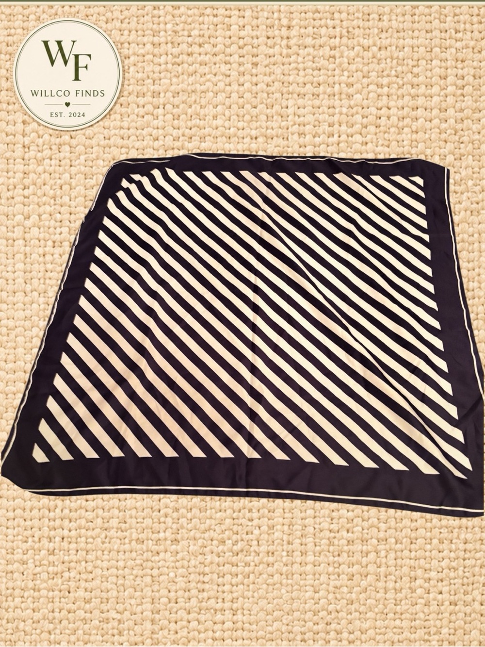 Made in Italy Women’s Navy Ivory Diagonal Stripe Square Scarf 100% Polyester 29”